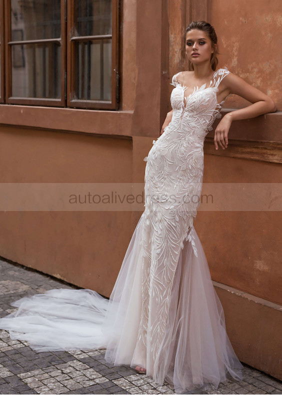 Ivory Leaf Lace Pearl Beaded Wedding Dress